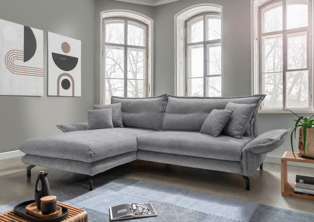ECKSOFA in Velours Grau  - Schwarz/Grau, Design, Textil/Metall (180/255cm) - Livetastic