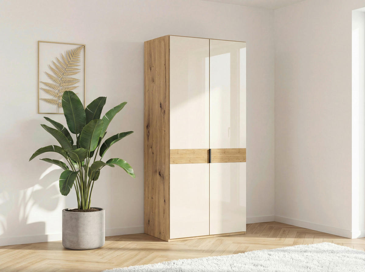 DREHTÜRENSCHRANK 100/216/58 cm,  in Champagner, Eiche Bianco, 2 Tür(en)  - Schieferfarben/Eiche Bianco, Design, Glas/Holz (100/216/58cm) - Musterring
