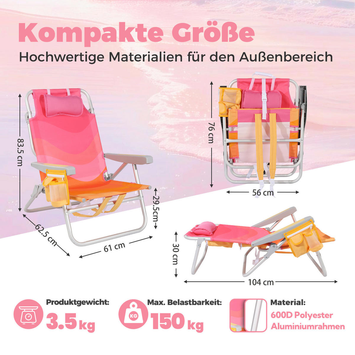 STRANDSTUHL Aluminium Alufarben, Pink  - Pink/Alufarben, Basics, Textil/Metall (61/62.5/83.5cm) - Modante