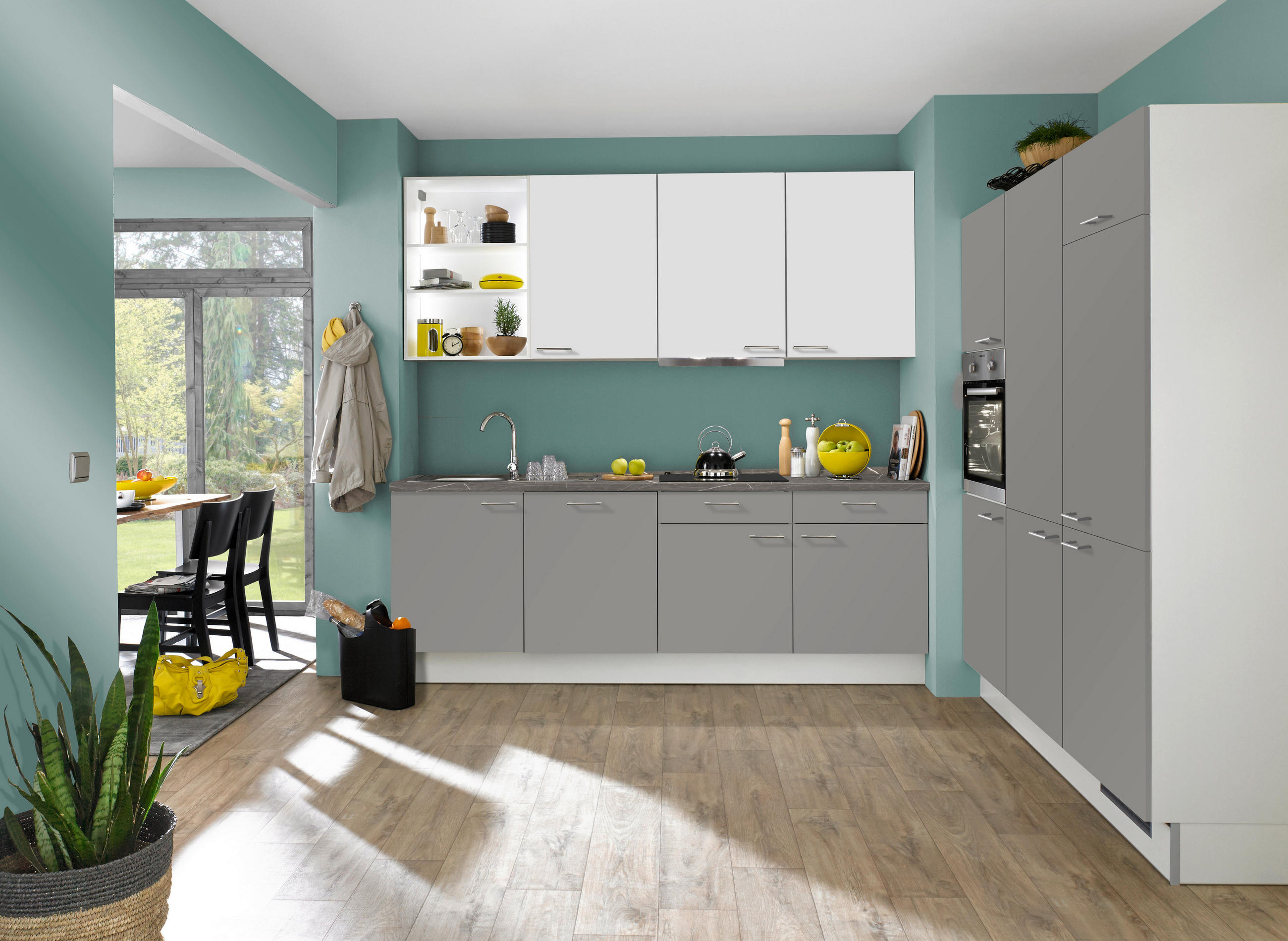 ECKKÜCHE 240/180 cm  in Weiß, Dunkelgrau  - Edelstahlfarben/Dunkelgrau, Design, Holzwerkstoff/Metall (240/180cm) - Xora