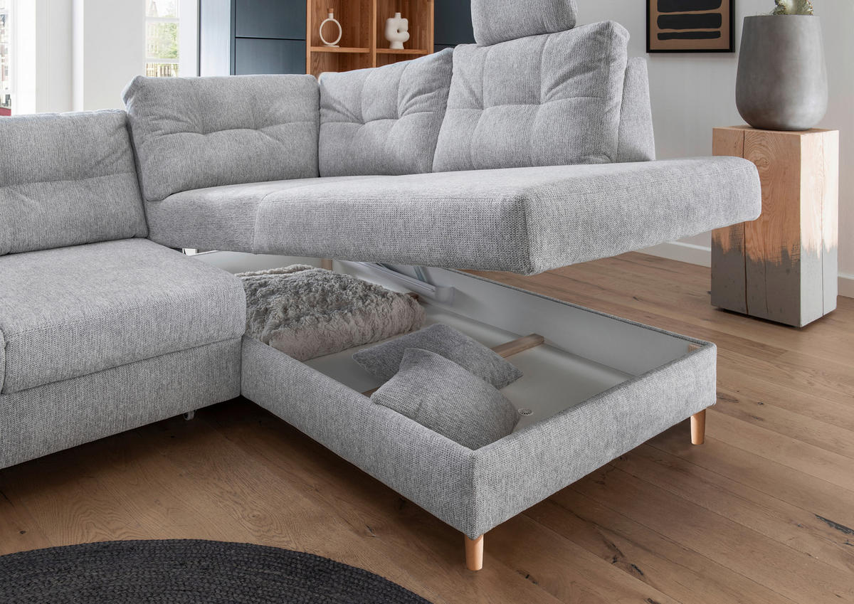 ECKSOFA in Chenille Silberfarben  - Silberfarben/Naturfarben, Modern, Holz/Textil (264/206cm) - Livetastic
