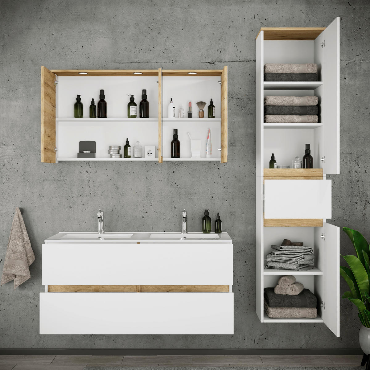 BADEZIMMER 4-teilig  in 152 cm  - Honigeiche/Weiß, Trend, Keramik/Holzwerkstoff (152cm) - MID.YOU