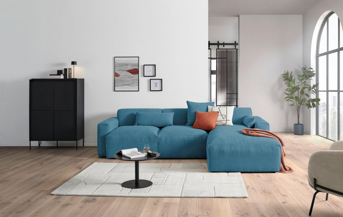 ECKSOFA Hellblau Cord  - Schwarz/Hellblau, Design, Kunststoff/Textil (303/196cm) - Livetastic