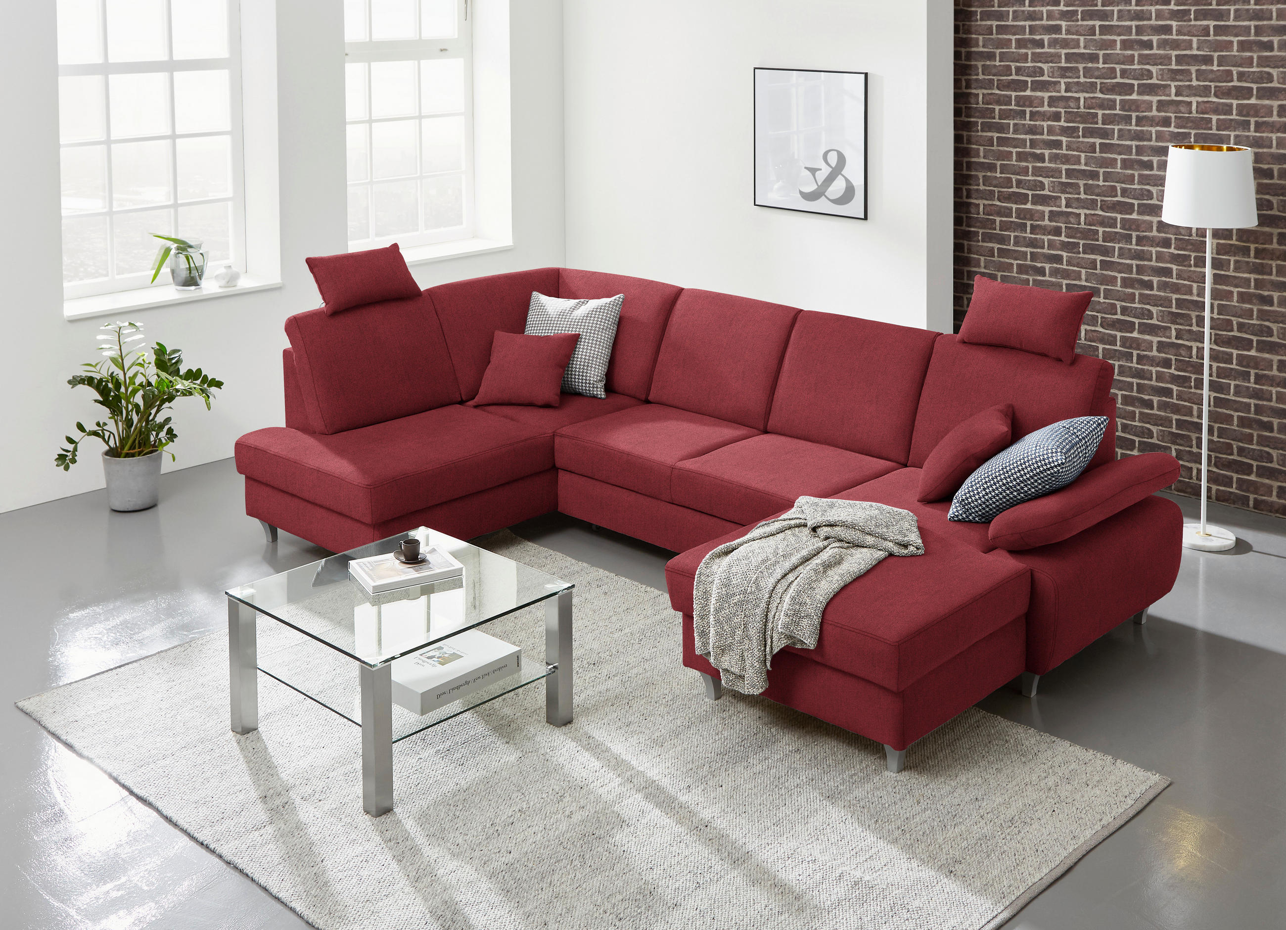 WOHNLANDSCHAFT in Struktur Rot  - Silberfarben/Rot, Konventionell, Holz/Textil (186/322/167cm) - Cantus