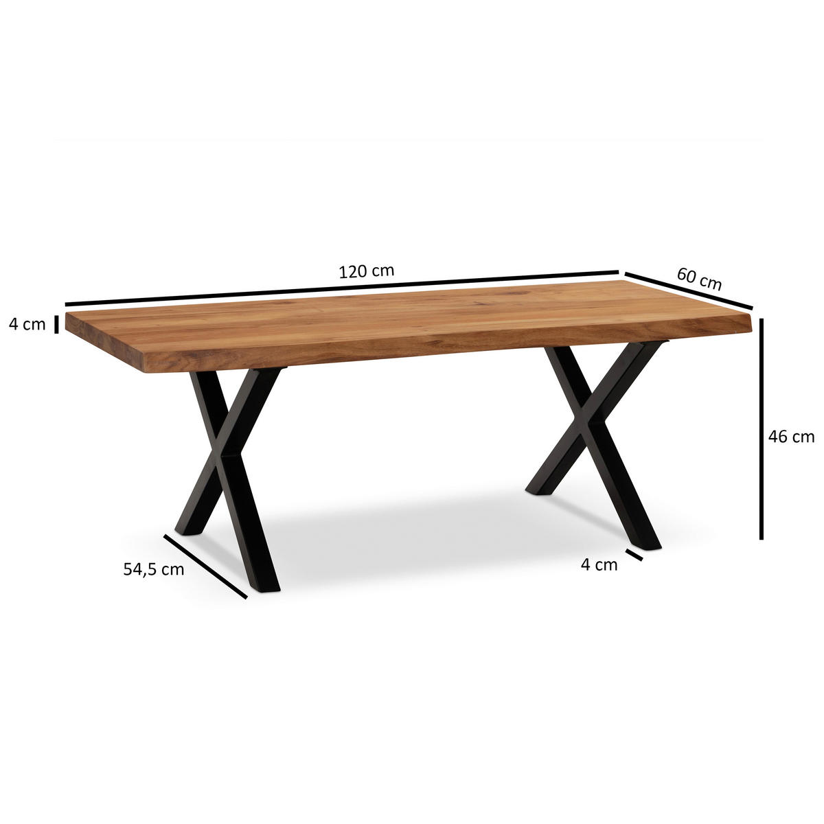 COUCHTISCH Akazie massiv 120/60/46 cm rechteckig Akaziefarben  - Schwarz/Akaziefarben, Design, Holz/Metall (120/60/46cm) - MID.YOU