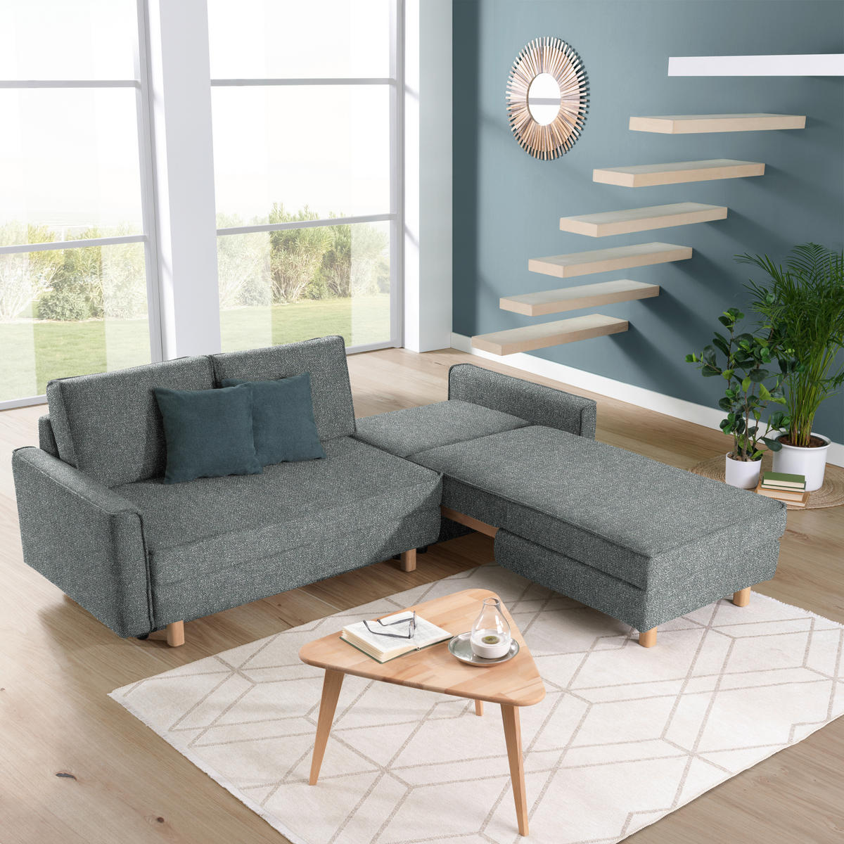 ECKSOFA  in Mikrovelours Graugrün  237/170 cm  - Eichefarben/Graugrün, KONVENTIONELL, Holz/Textil (237/170cm) - Sedda
