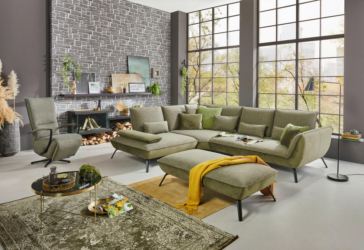 ECKSOFA in Flachgewebe Olivgrün  - Schwarz/Olivgrün, Design, Textil/Metall (310/250cm) - Moderano