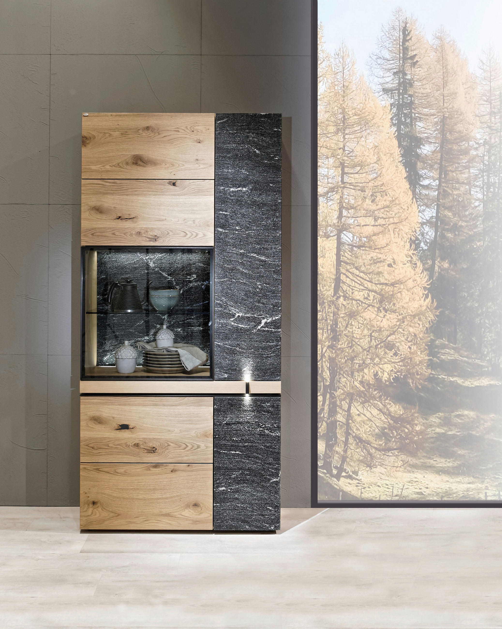 VITRINE in mehrschichtige Massivholzplatte (Tischlerplatte) Wildeiche Grau, Eichefarben  - Eichefarben/Grau, Design, Glas/Holz (96,2/201,6/43,2cm) - Voglauer