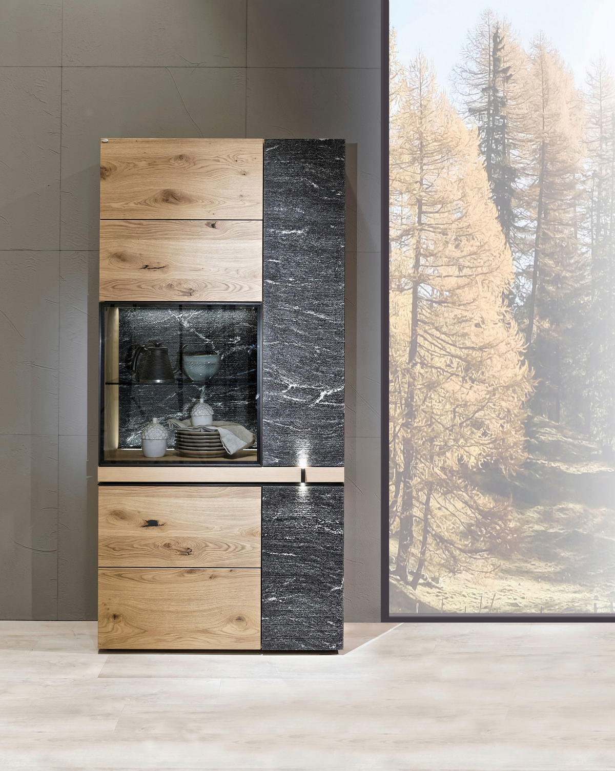 VITRINE in mehrschichtige Massivholzplatte (Tischlerplatte) Wildeiche Grau, Eichefarben  - Eichefarben/Grau, Design, Glas/Holz (96,2/201,6/43,2cm) - Voglauer