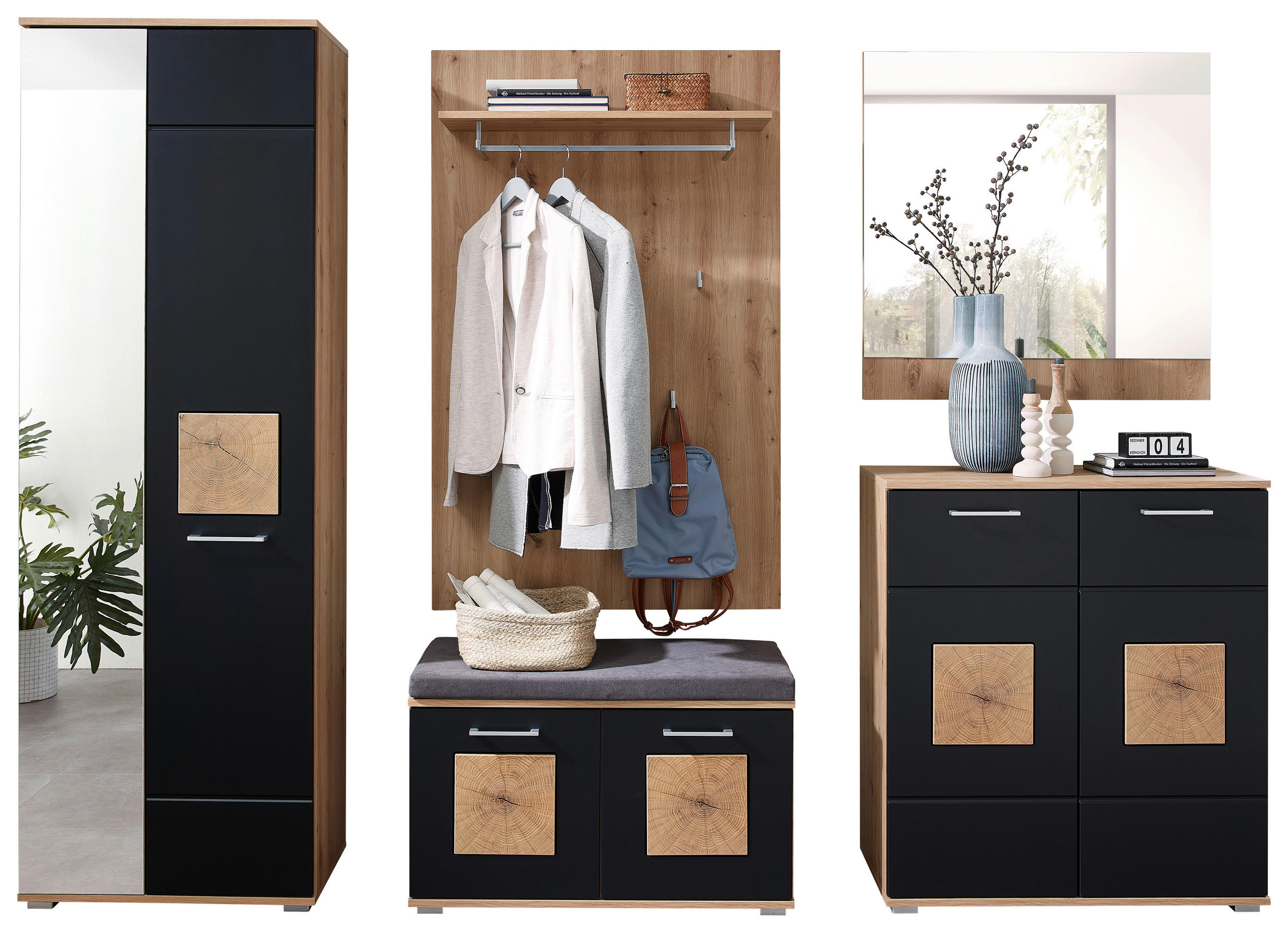 GARDEROBE 6-teilig  in 263/195,5/38 cm  - Schwarz/Eiche Artisan, Basics, Glas/Holzwerkstoff (263/195,5/38cm) - Xora