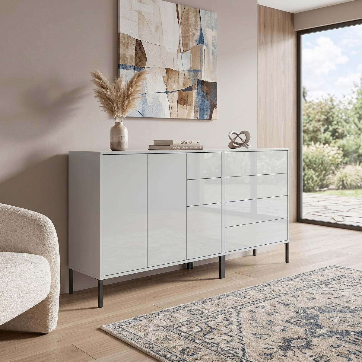 SIDEBOARD Mailand Set 9 + MF 184,5/86/33 cm 6 Schublade(n)  - Weiß Hochglanz/Anthrazit, MODERN, Holzwerkstoff/Metall (184,5/86/33cm) - MID.YOU