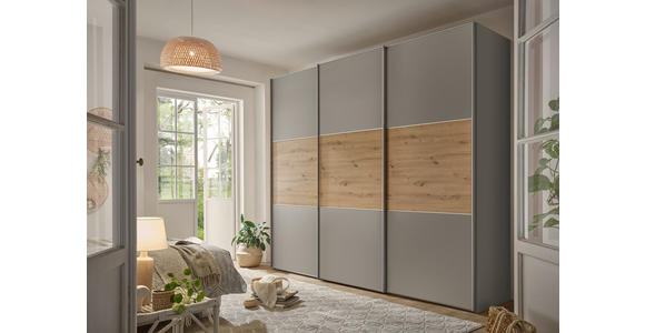 SCHWEBETÜRENSCHRANK in Eiche Artisan, Hellgrau - Hellgrau/Alufarben, Holzwerkstoff/Metall (249/222/68cm) - Moderano