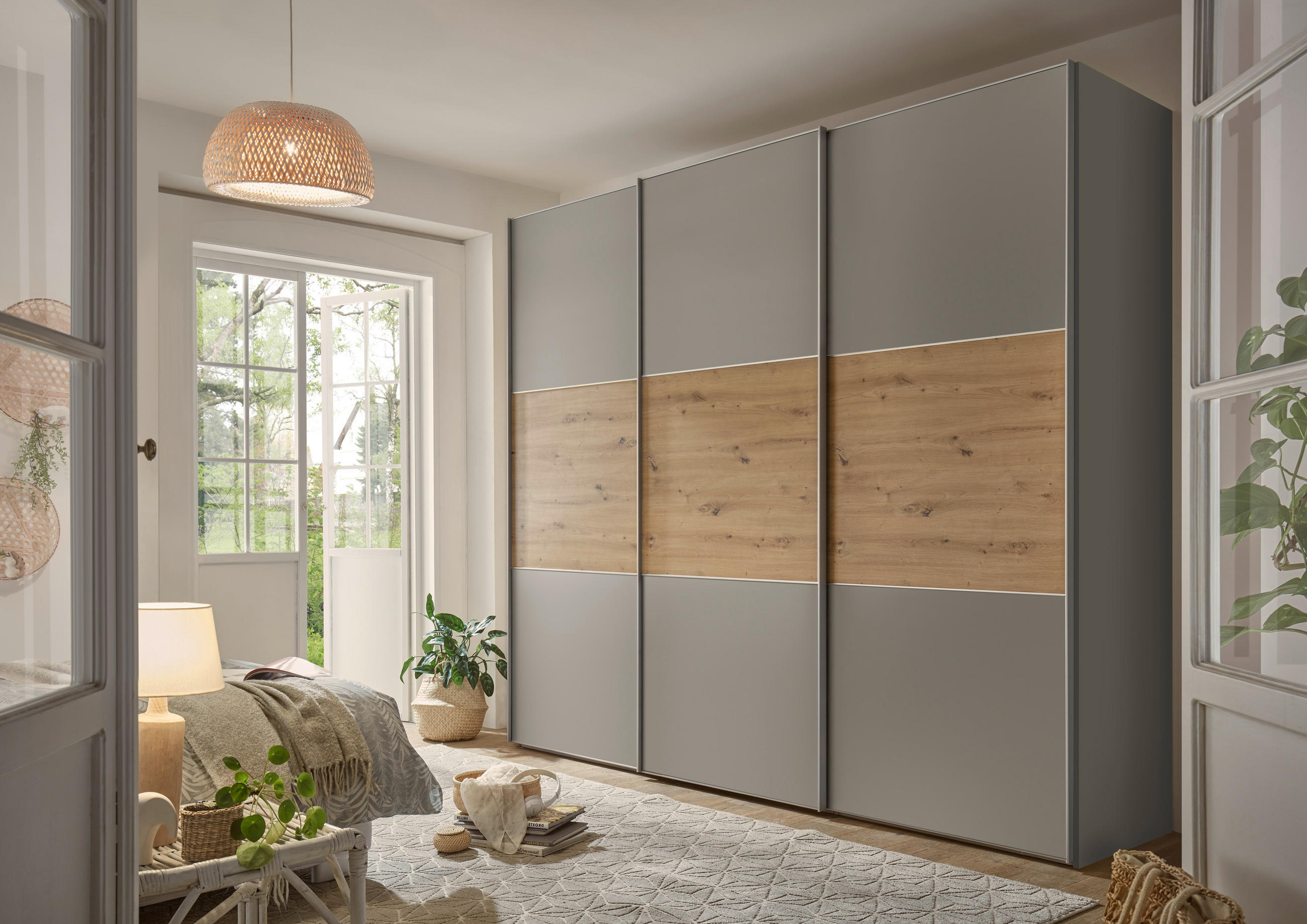 SCHWEBETÜRENSCHRANK in Hellgrau, Eiche Artisan  - Hellgrau/Alufarben, Holzwerkstoff/Metall (249/222/68cm) - Moderano