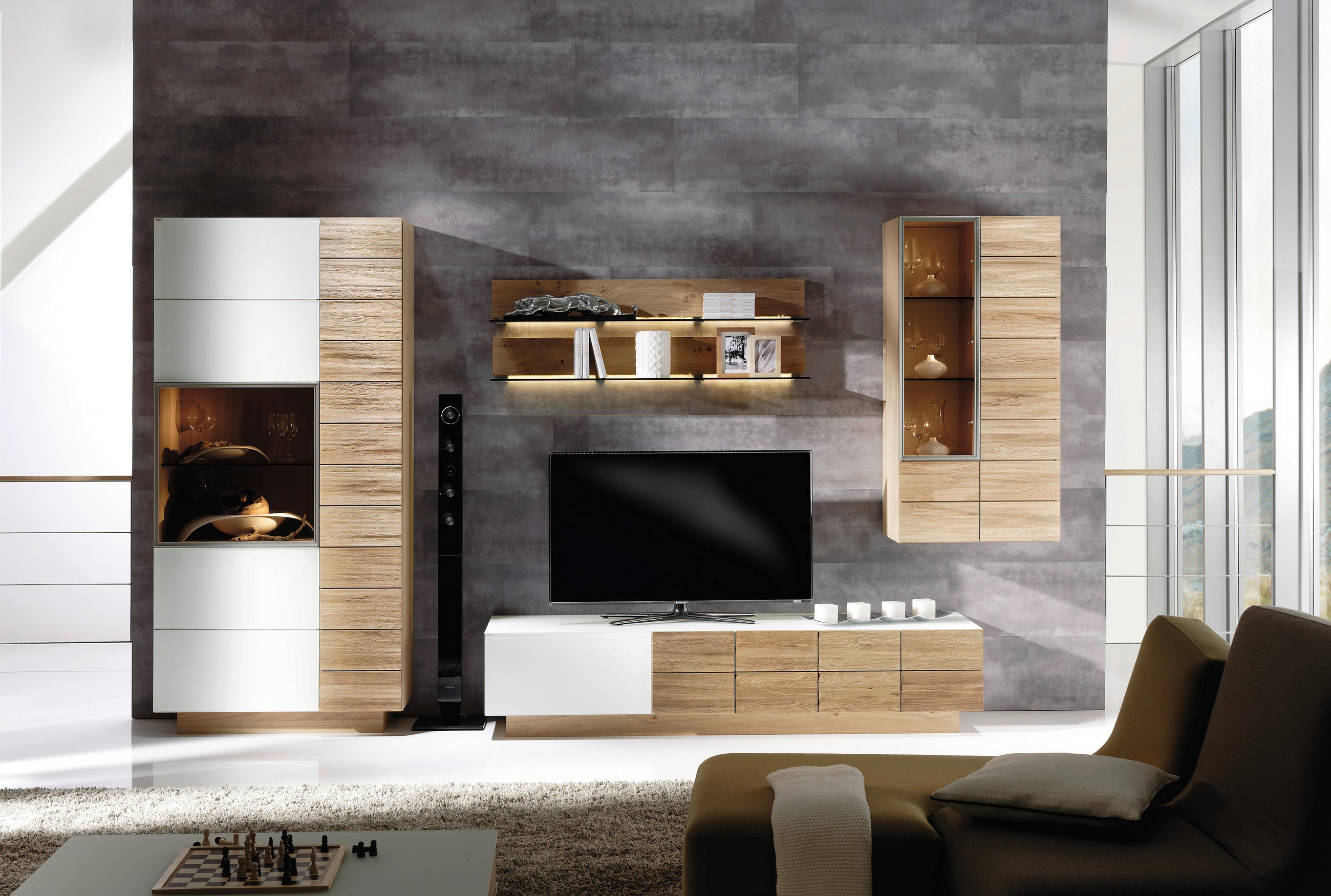 REGAL ZA DNEVNI BORAVAK bijela, boje hrasta   - bijela/boje hrasta, Design, staklo/drvo (352/202/56cm) - Voglauer