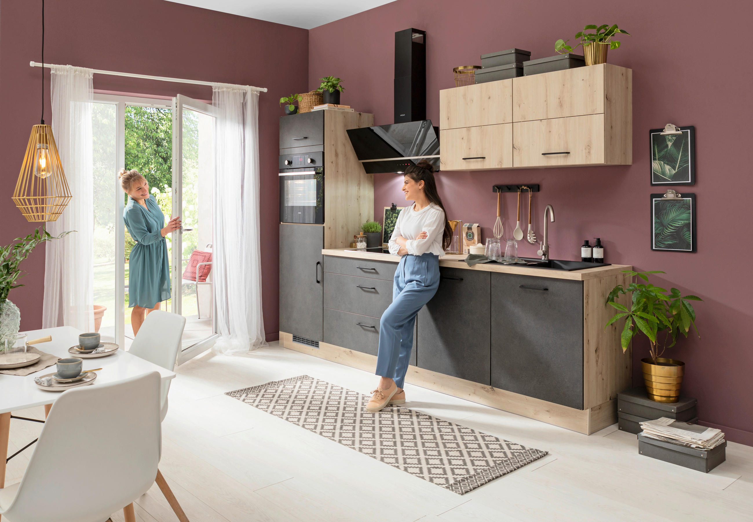 Bucătărie La Comandă   - gri închis/culoare lemn stejar, Basics, material pe bază de lemn - Venda