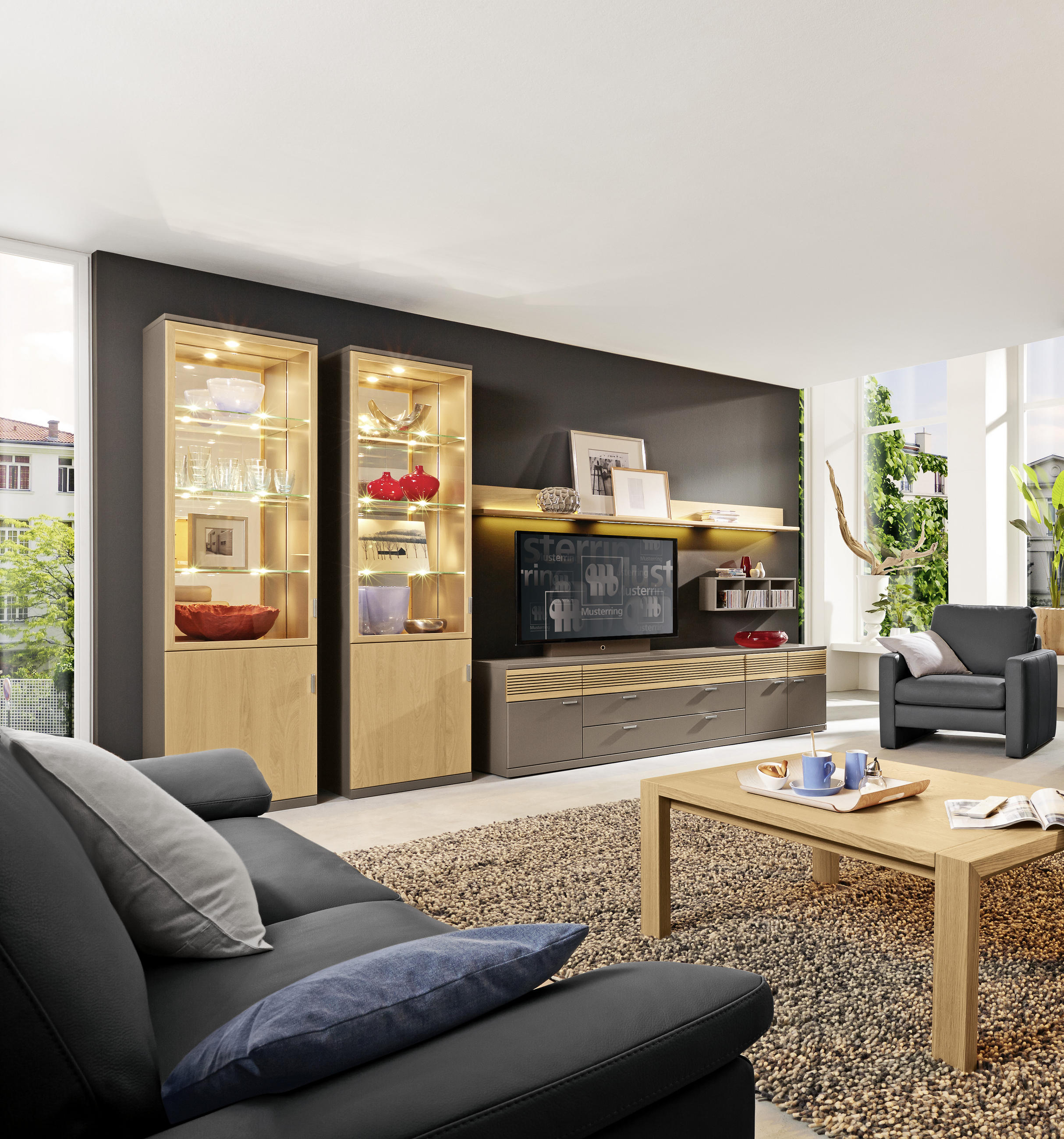 WOHNWAND Kira System  in Dunkelbraun, Eichefarben  240/219/49 cm  - Eichefarben/Dunkelbraun, Design, Glas/Holz (240/219/49cm) - Musterring