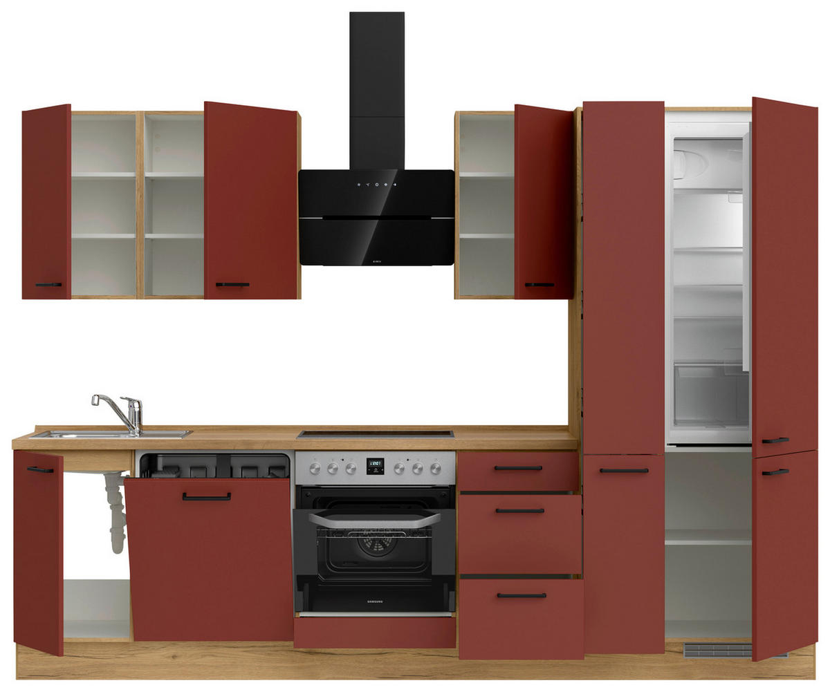 KÜCHENLEERBLOCK 300 cm   in Rot, Eichefarben  - Eichefarben/Rot, MODERN, Holzwerkstoff/Metall (300cm) - Nobilia