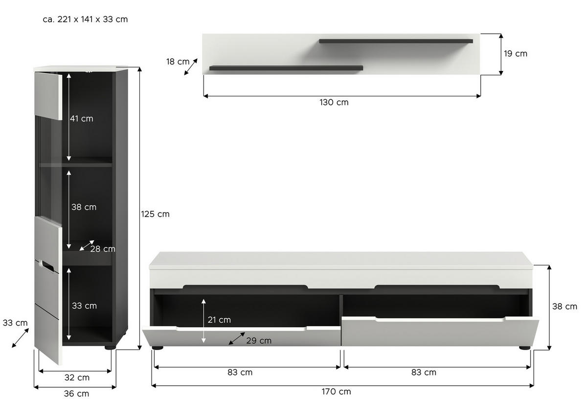 WOHNWAND 2-teilig  in Weiß  221/141/33 cm  - Schwarz/Weiß, Design, Holzwerkstoff/Kunststoff (221/141/33cm) - Livetastic