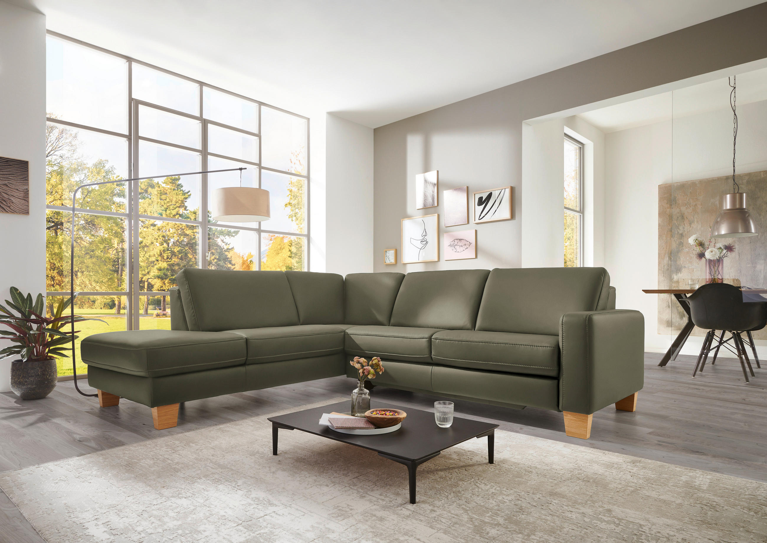 ECKSOFA in Echtleder Grau, Grün  - Eiche Bianco/Grau, Natur, Leder/Holz (235/257cm) - Valdera