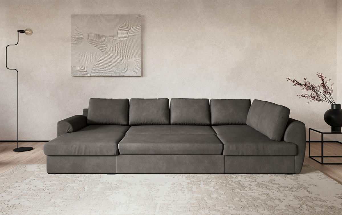 SJEDEĆA GARNITURA tekstil  siva   - siva/crna, Trend, tekstil/plastika (154/327/86cm) - MID.YOU
