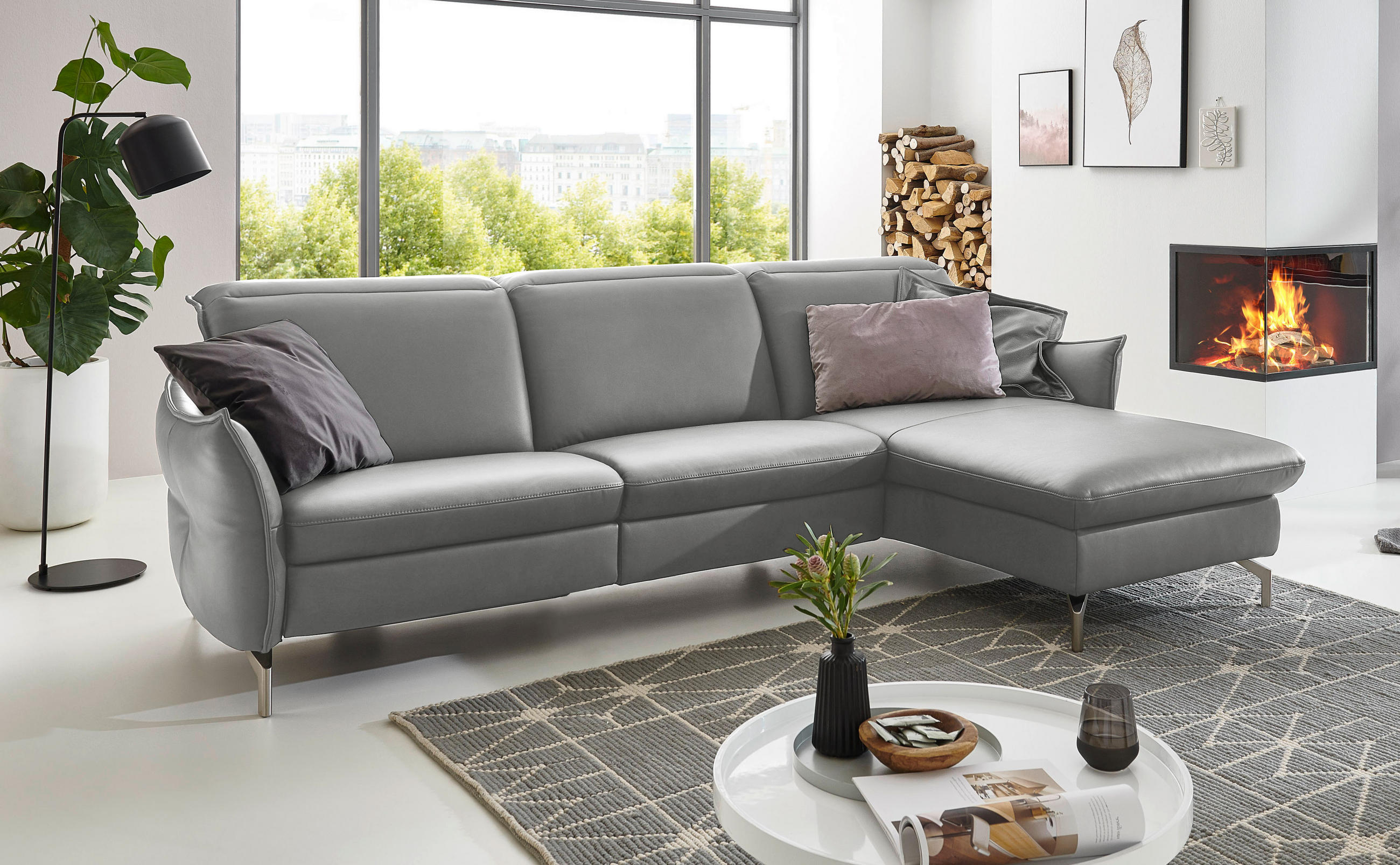 ECKSOFA Hellgrau Echtleder  - Hellgrau/Nickelfarben, MODERN, Leder/Metall (233/179cm) - Livetastic