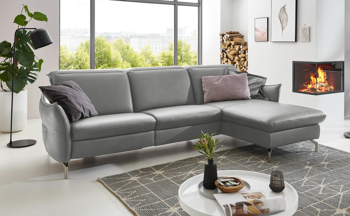 ECKSOFA in Echtleder Hellgrau  - Hellgrau/Nickelfarben, Modern, Leder/Metall (263/179cm) - Livetastic