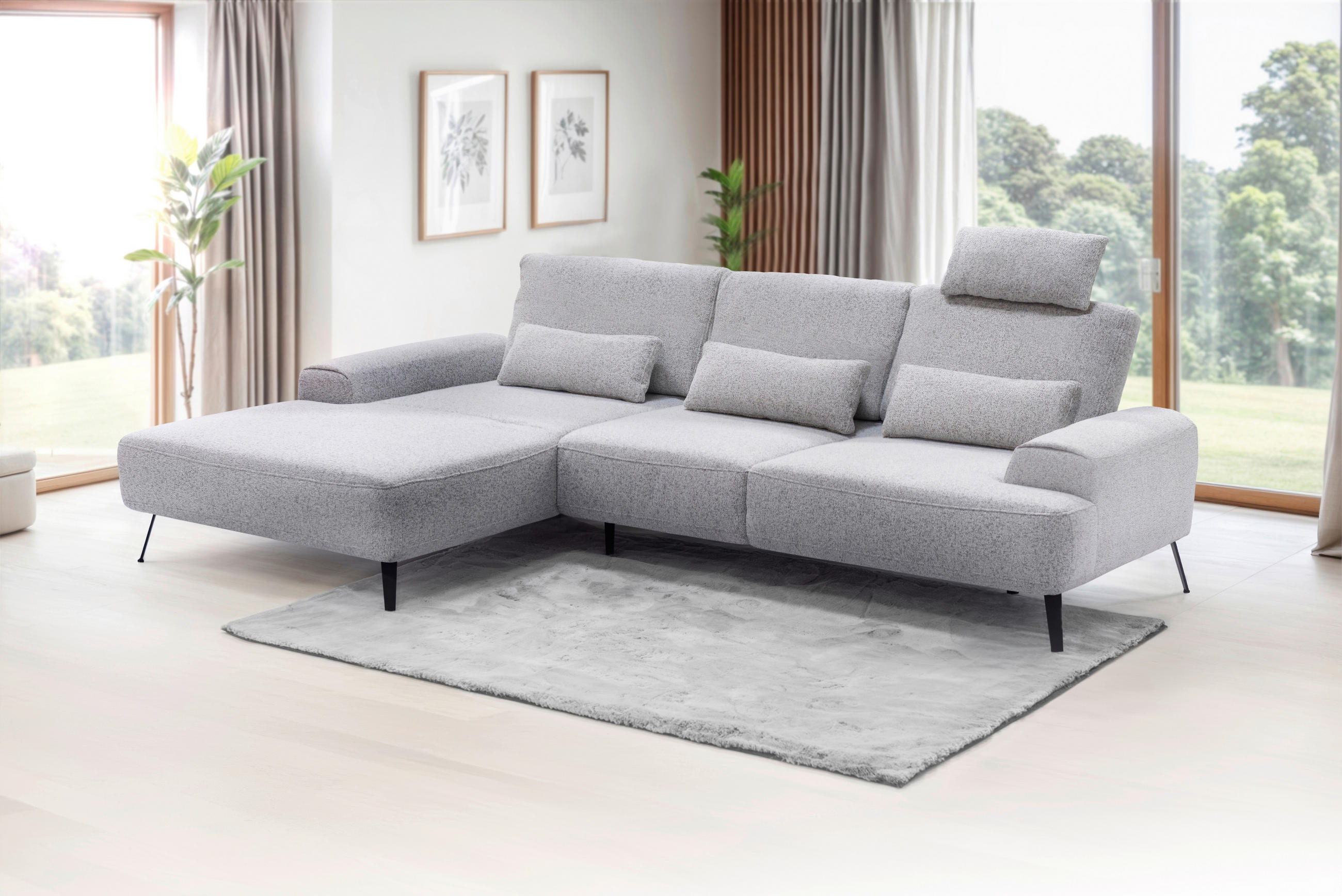 ECKSOFA in Flachgewebe Hellgrau  - Hellgrau/Schwarz, Design, Textil/Metall (178/305cm) - Livetastic