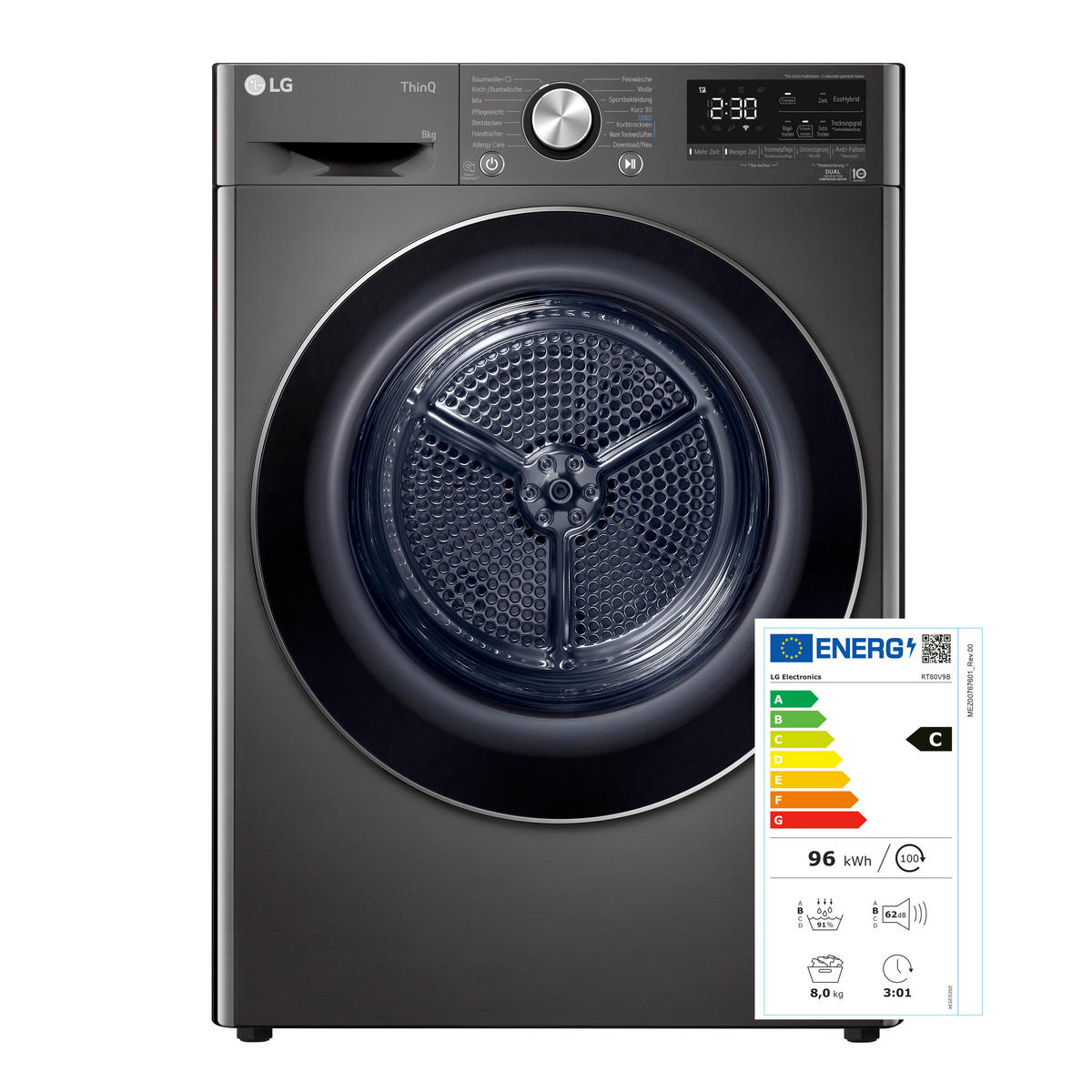 WÄRMEPUMPENTROCKNER RT80V9B  - Chromfarben/Schwarz, Basics, Glas/Kunststoff (60/85/66cm) - LG