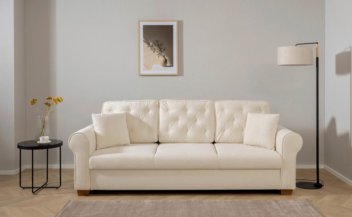 SCHLAFSOFA in Bouclé Creme  - Buchefarben/Creme, Design, Holz/Textil (240/94/98cm) - MID.YOU