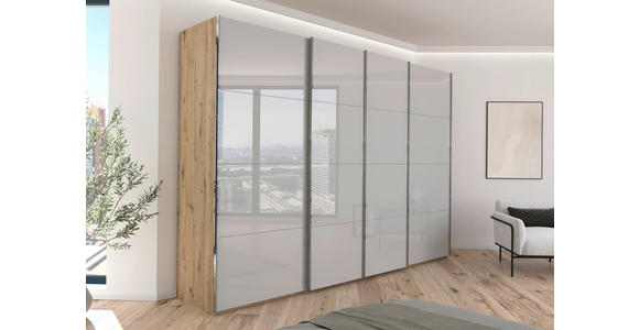 SCHWEBETÜRENSCHRANK 316/235/68 cm 4-türig Hellgrau, Eiche Artisan  - Chromfarben/Hellgrau, Design, Glas/Holzwerkstoff (316/235/68cm) - Novel