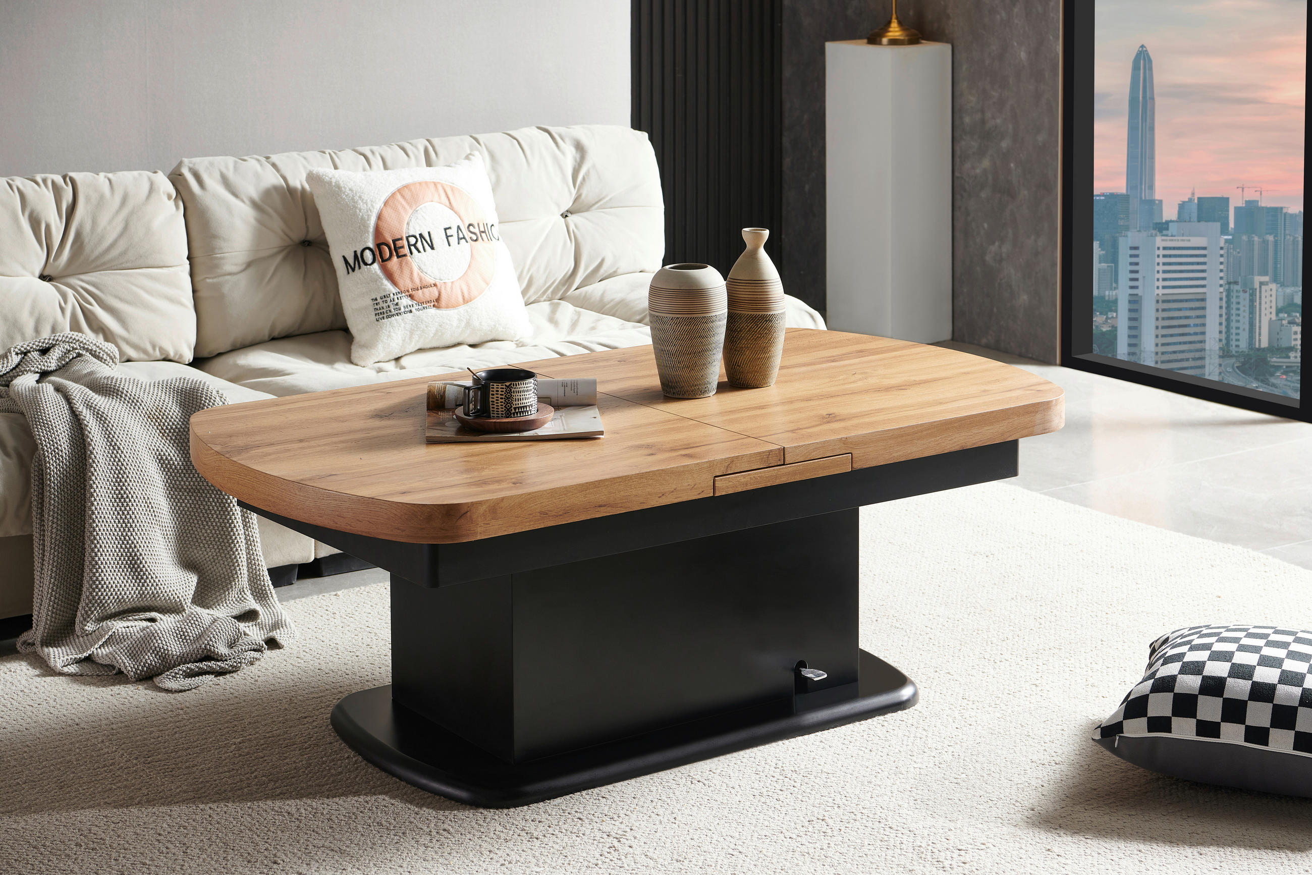 COUCHTISCH Eiche 135-160/75/51-79,9 cm oval Schwarz, Eichefarben  - Eichefarben/Schwarz, Design, Holz (135-160/75/51-79,9cm) - Livetastic