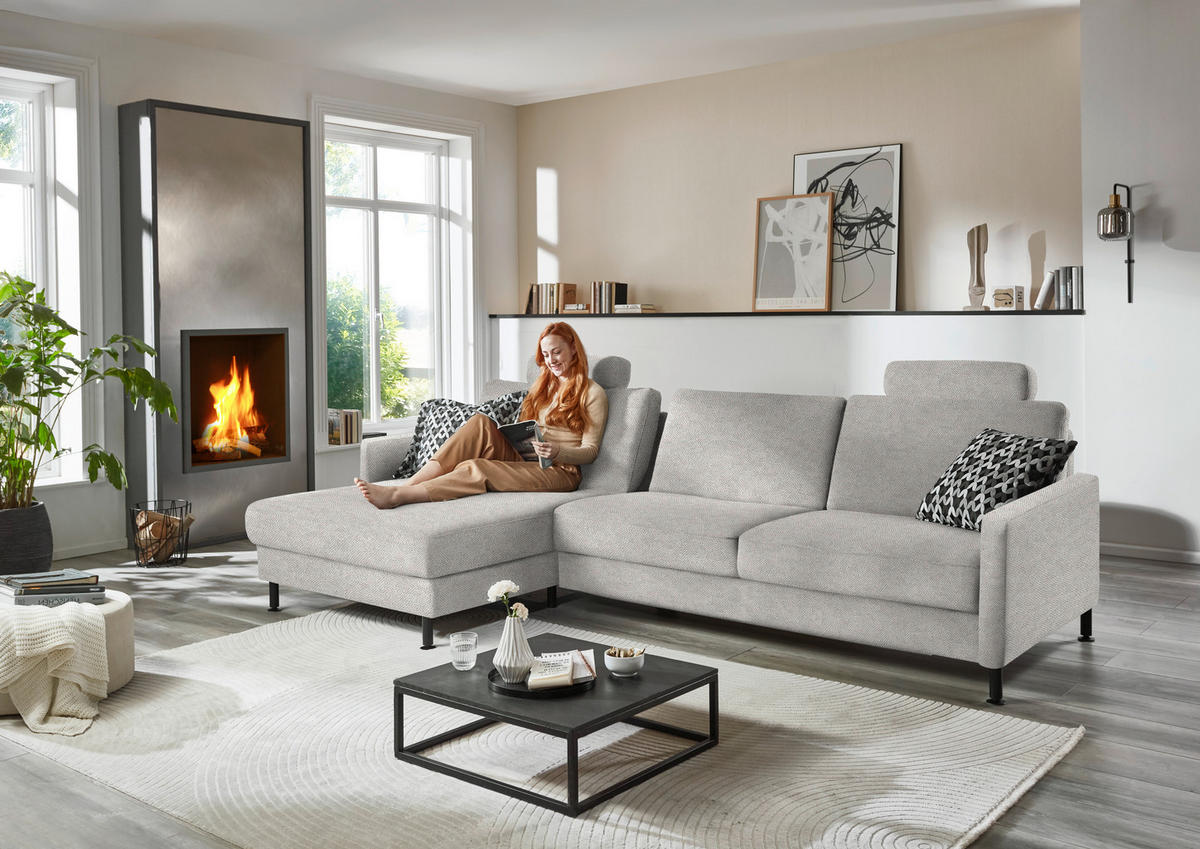 ECKSOFA  in Chenille, Flachgewebe Cappuccino  175/316 cm  - Schwarz/Cappuccino, Design, Textil/Metall (175/316cm) - Dieter Knoll