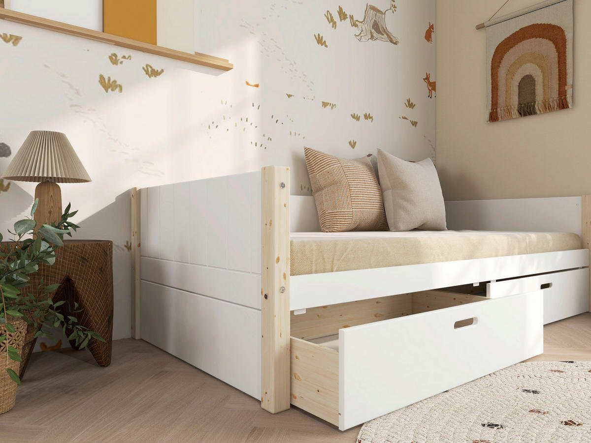 BETT in Weiß, Kieferfarben  - Weiß/Kieferfarben, MODERN, Holz (90/200cm) - Chameo