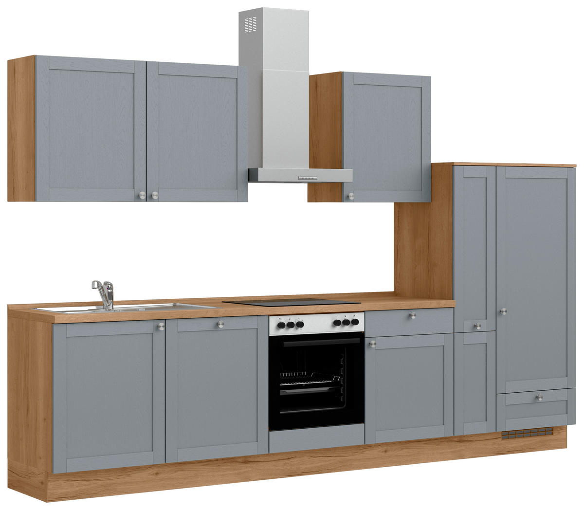 KÜCHENBLOCK Frame 330 cm  in Eichefarben, Blaugrau  - Edelstahlfarben/Eichefarben, MODERN, Holzwerkstoff/Metall (330cm) - Nobilia