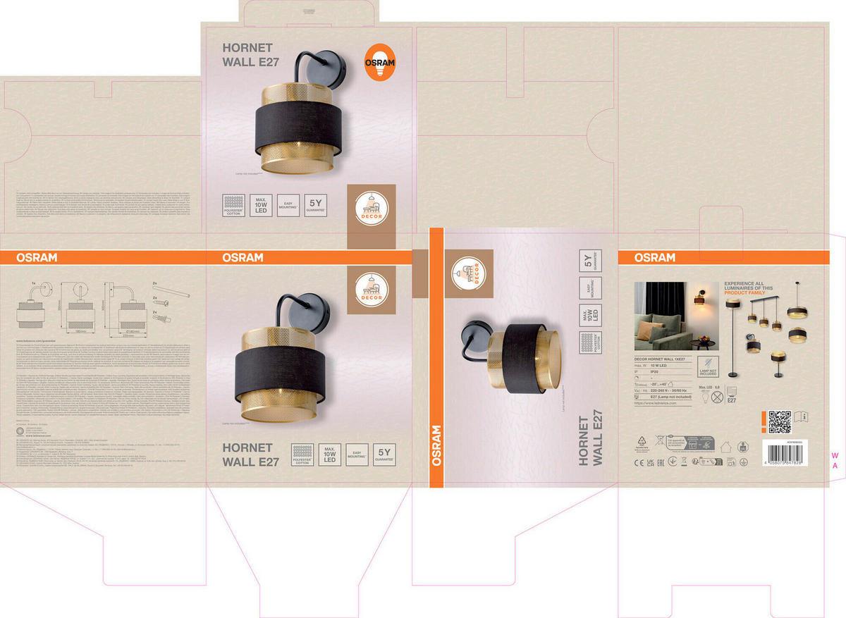 WANDLEUCHTE 18/23,5/30 cm   - Goldfarben/Schwarz, KONVENTIONELL, Textil/Metall (18/23,5/30cm) - Osram