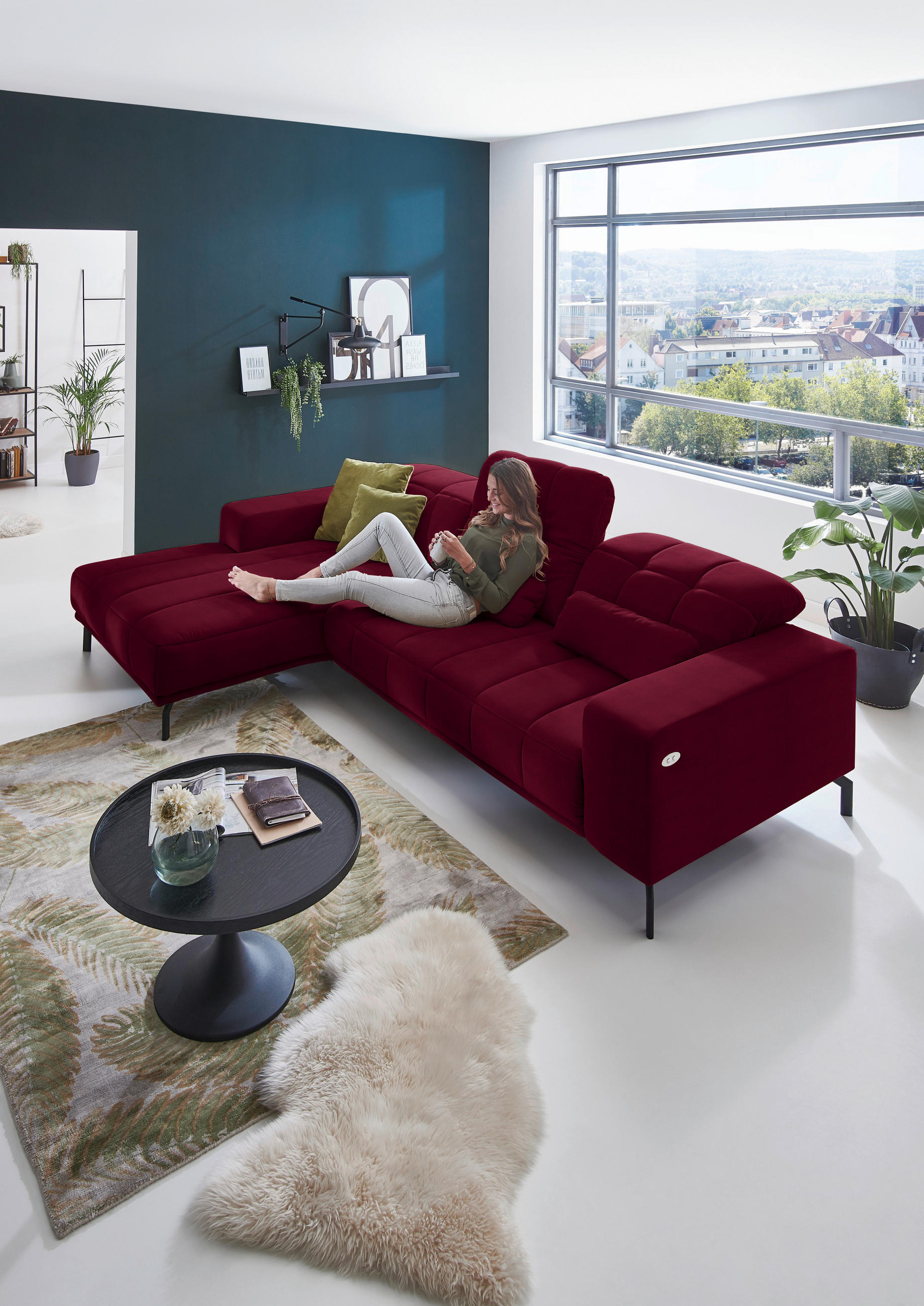 ECKSOFA Beere Velours  - Beere/Schwarz, Design, Textil/Metall (195/293cm) - Beldomo Style