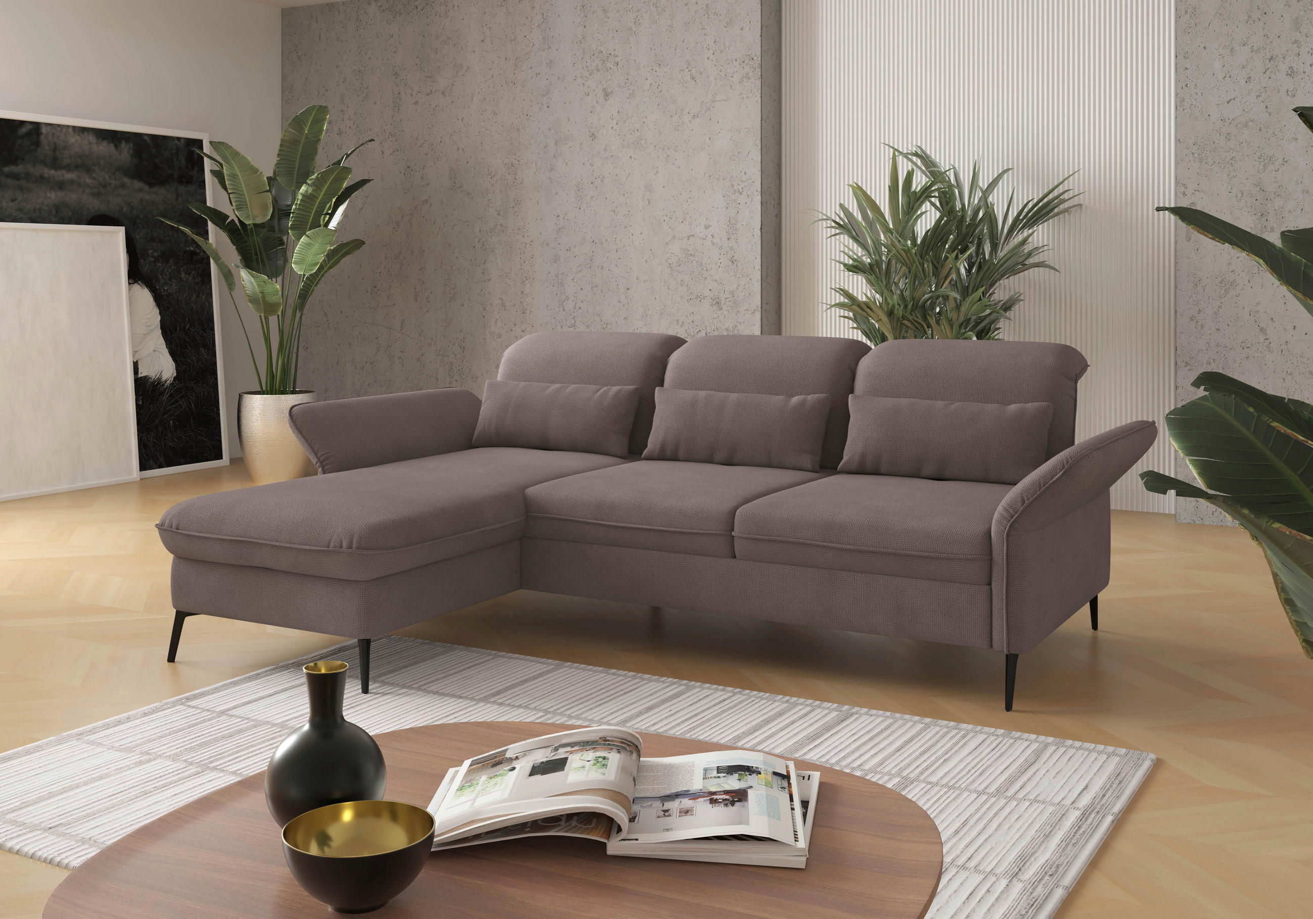 ECKSOFA in Flachgewebe Taupe  - Taupe/Schwarz, Konventionell, Textil/Metall (198/264cm) - Sit & More