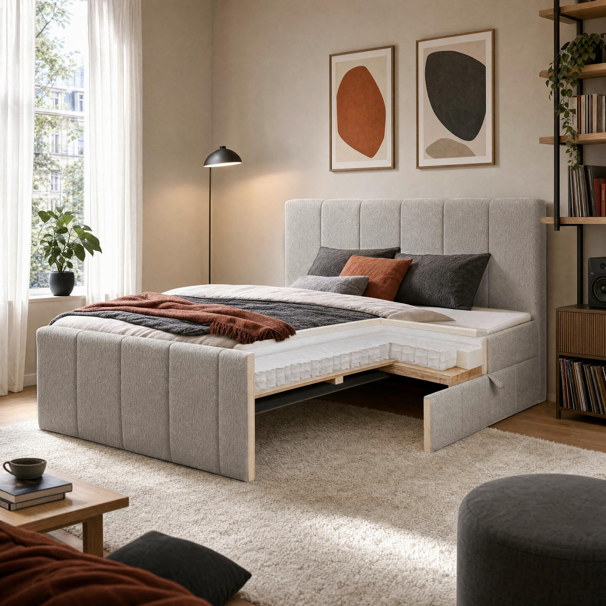 BOXBETT 180/200 cm,  in Grau, gepolstertes Kopfteil, Bettkasten, Topper, Matratzen, H3 + H3 = fest  - Schwarz/Grau, Basics, Kunststoff/Textil (180/200cm) - Chameo