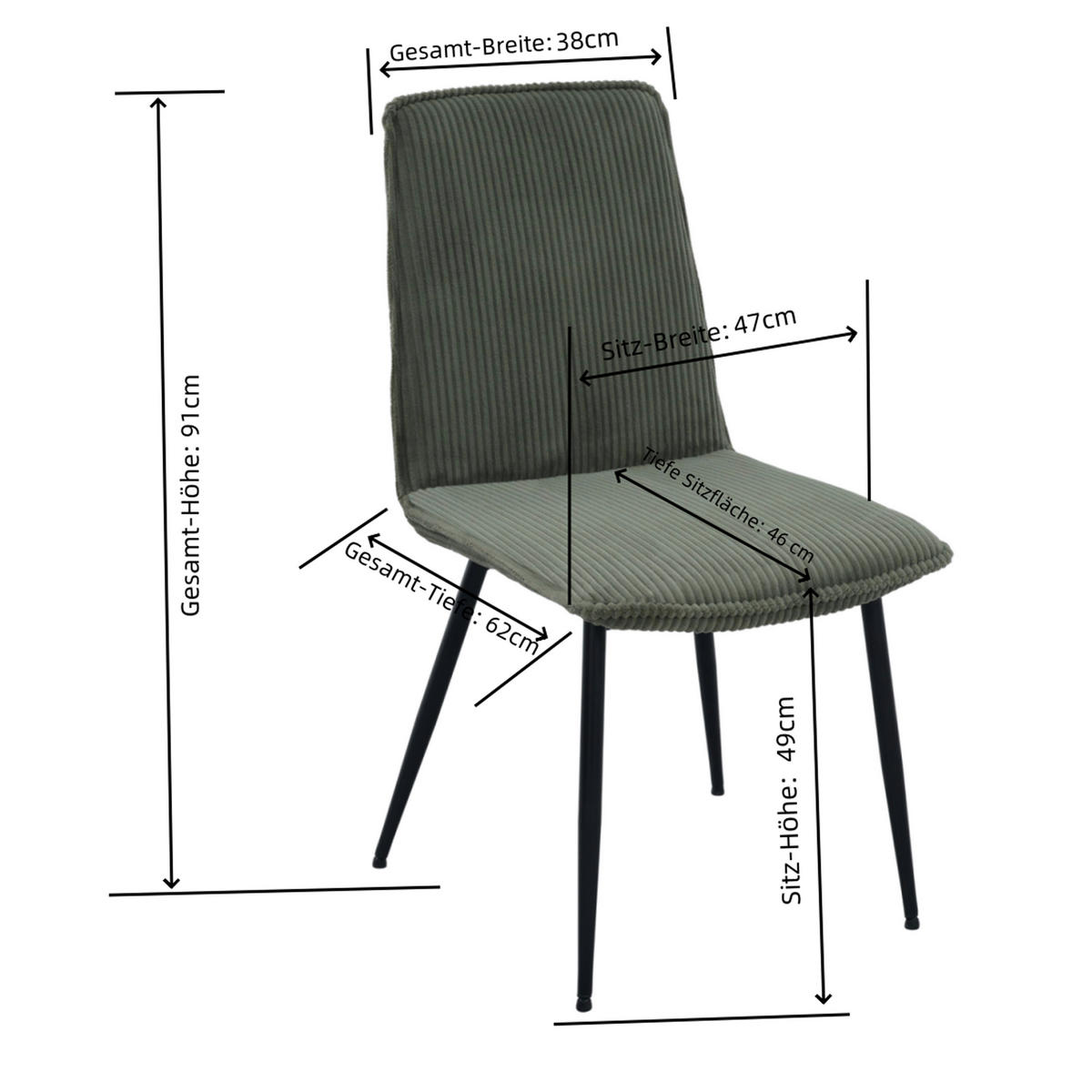 VIERFUSSSTUHL   Cord  Grün, Schwarz  - Schwarz/Grün, MODERN, Textil/Metall (47/91/61,5cm) - Livetastic