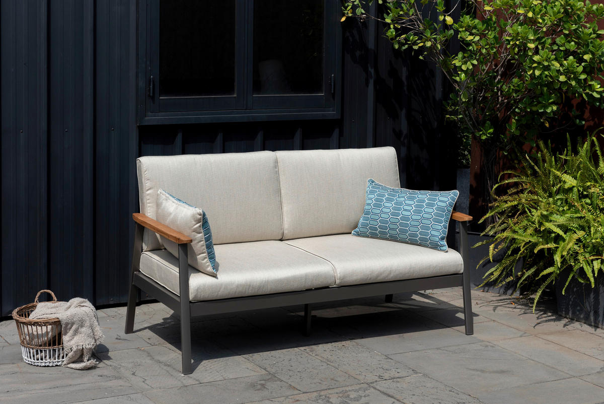 2,5-SITZER Flachgewebe Hellgrau, Dunkelgrau, Teakfarben  - Blau/Dunkelgrau, Design, Holz/Textil (161/75,5/82cm) - Modante