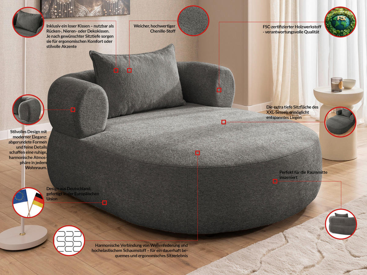 XXL-SESSEL Chenille Anthrazit    - Anthrazit/Schwarz, Design, Kunststoff/Textil (122/76/156cm) - Livetastic