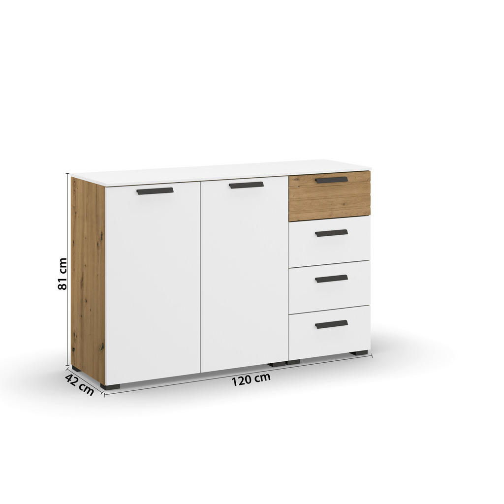 Thumbnail - Xora Sideboard, Weiß, Eiche Artisan, Metall, 2 Fächer, 4 Schubladen, 120x81x42 cm, Blauer Engel, Goldenes M, Made in Ger...