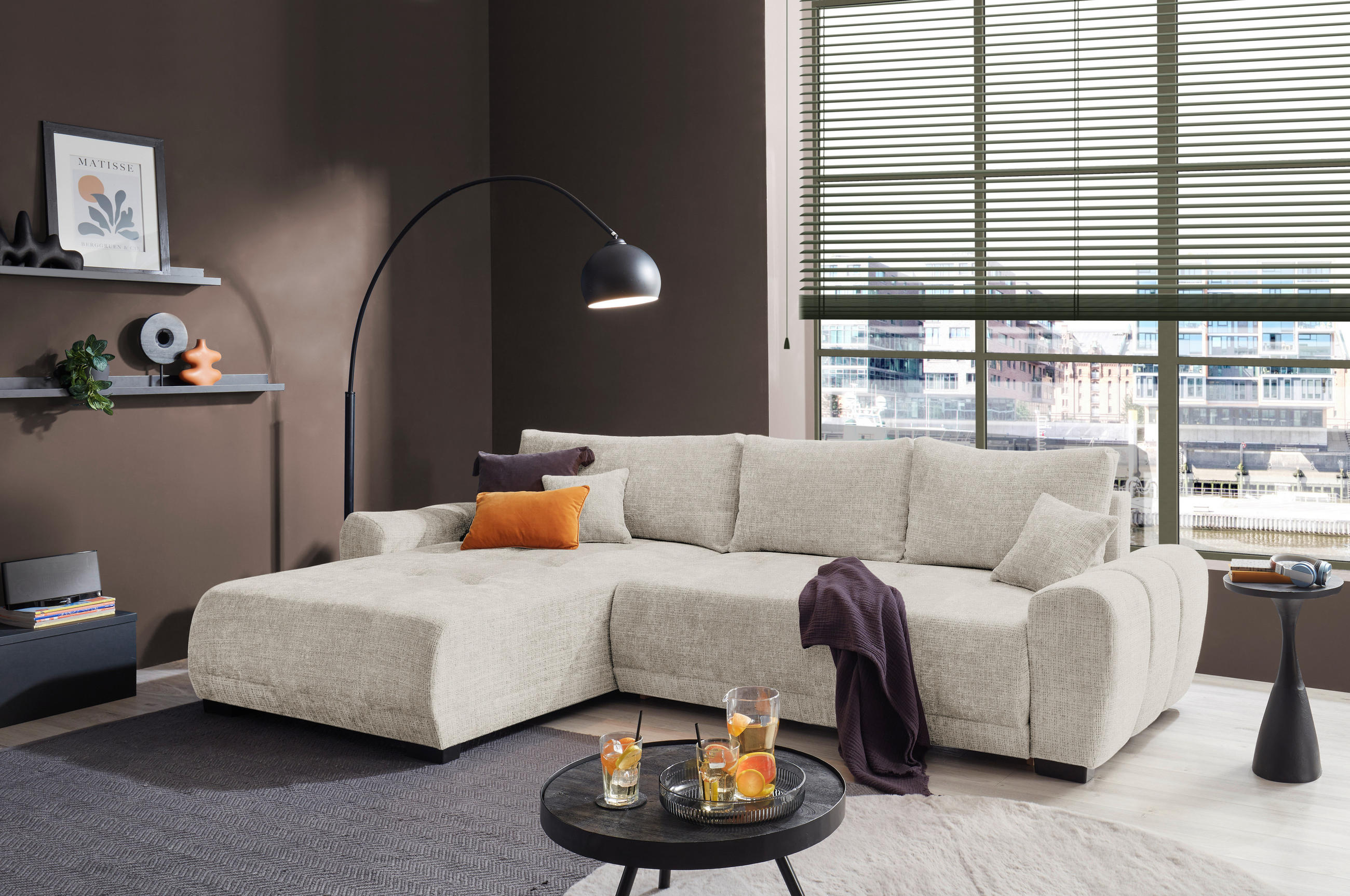 HÖRNBÄDDSOFFA 3-sits i chenille elfenbensfärgad  - svart/elfenbensfärgad, Basics, textil/plast (321/184cm) - Livetastic