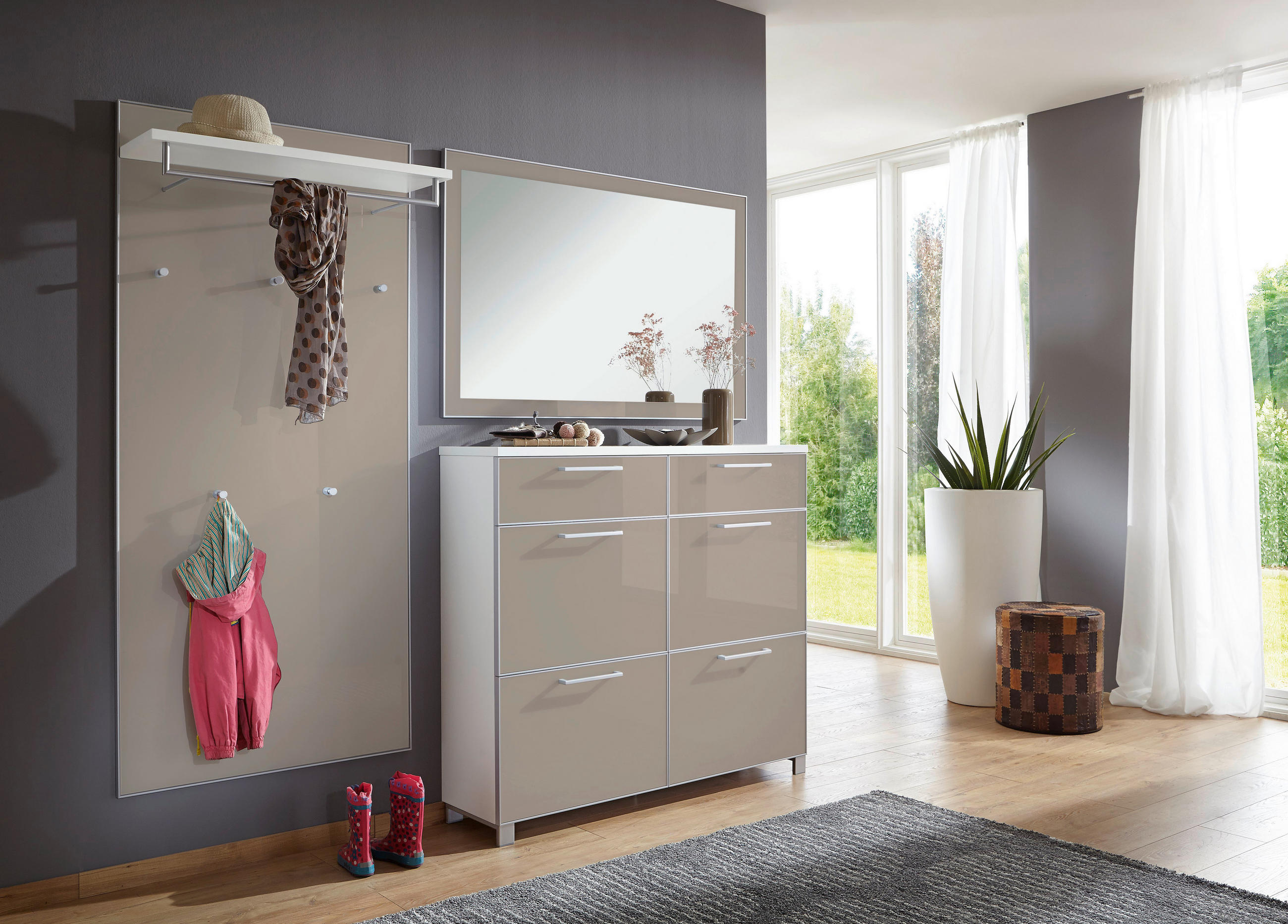 GARDEROBE 3-teilig in 210/195/31 cm - Taupe/Weiß, Design, Glas/Holzwerkstoff (210/195/31cm)