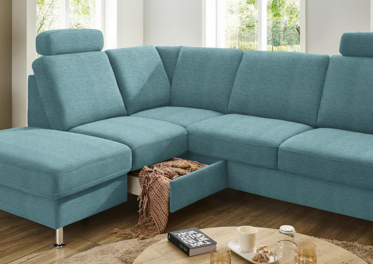 ECKSOFA in Webstoff Türkis  - Türkis/Alufarben, Konventionell, Textil/Metall (200/241cm) - Beldomo System