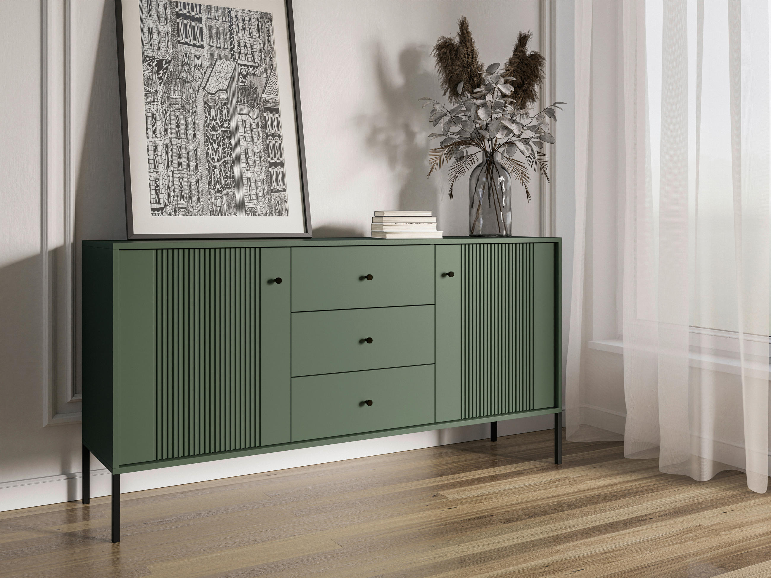 SIDEBOARD Iseo in 154,5/79/39 cm - Dunkelgrün/Schwarz, Design, Holzwerkstoff/Metall (154,5/79/39cm) - Xora