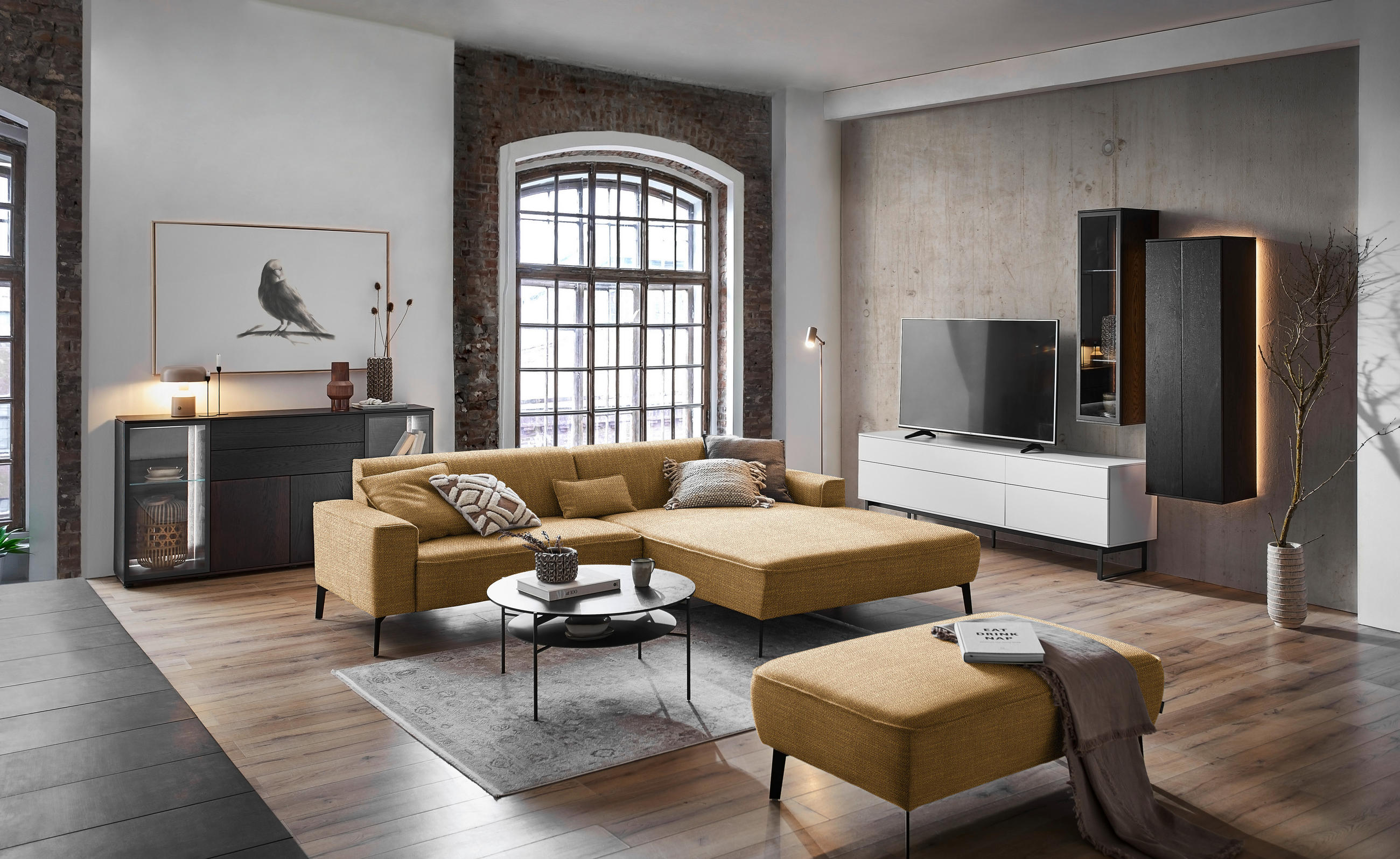 ECKSOFA in Flachgewebe Senfgelb  - Senfgelb/Schwarz, Design, Textil/Metall (285/190cm) - Johann Jakob