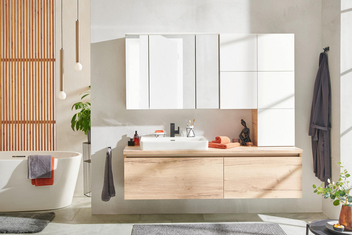 BADEZIMMER  in 180 cm  - Edelstahlfarben/Eichefarben, KONVENTIONELL, Glas/Holzwerkstoff (180cm) - Moderano
