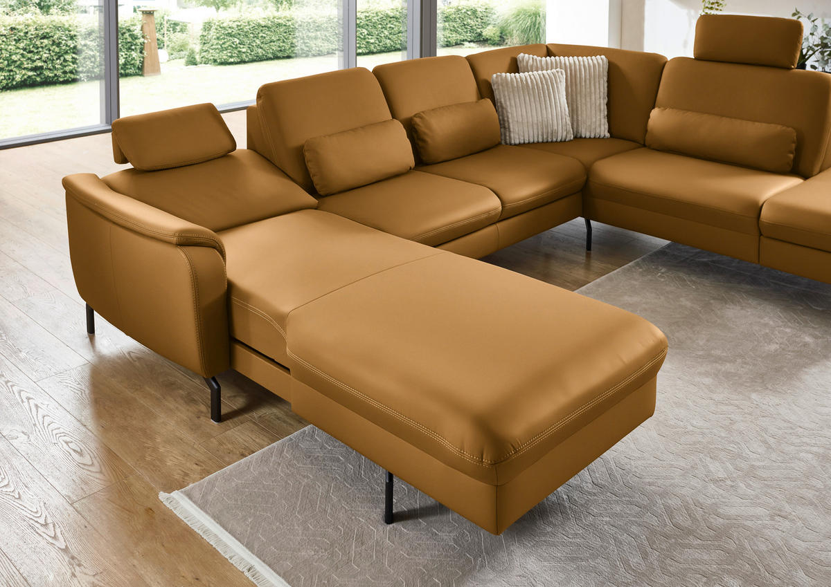 WOHNLANDSCHAFT Echtleder Senfgelb  - Senfgelb/Schwarz, Konventionell, Leder/Metall (168/306/224cm) - Beldomo Premium