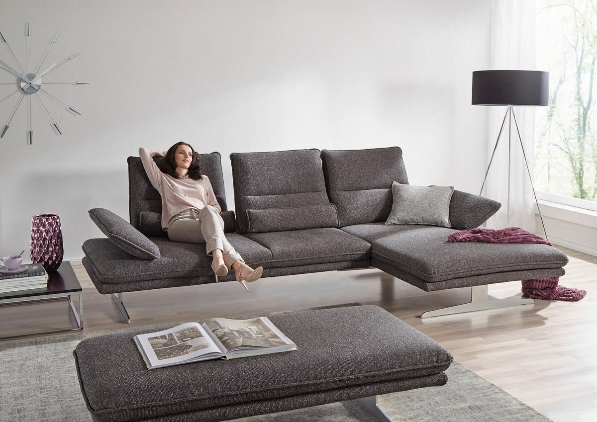 ECKSOFA Webstoff Anthrazit  - Chromfarben/Anthrazit, Design, Textil/Metall (291/164cm) - Chilliano